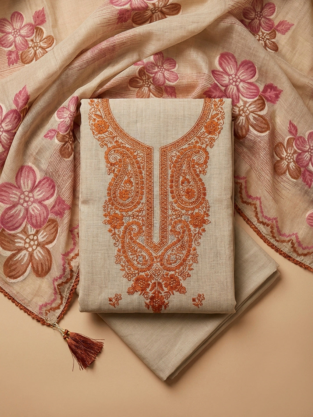 Rust Embroidery Chanderi Unstitched Dress Material