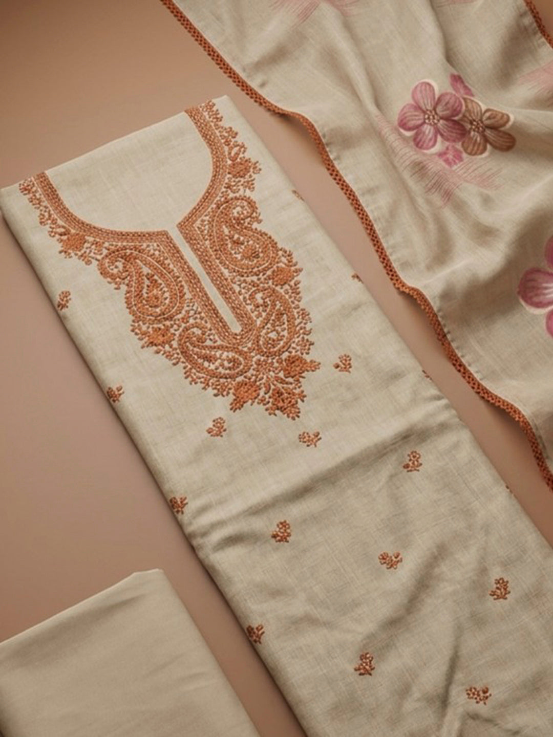 Rust Embroidery Chanderi Unstitched Dress Material