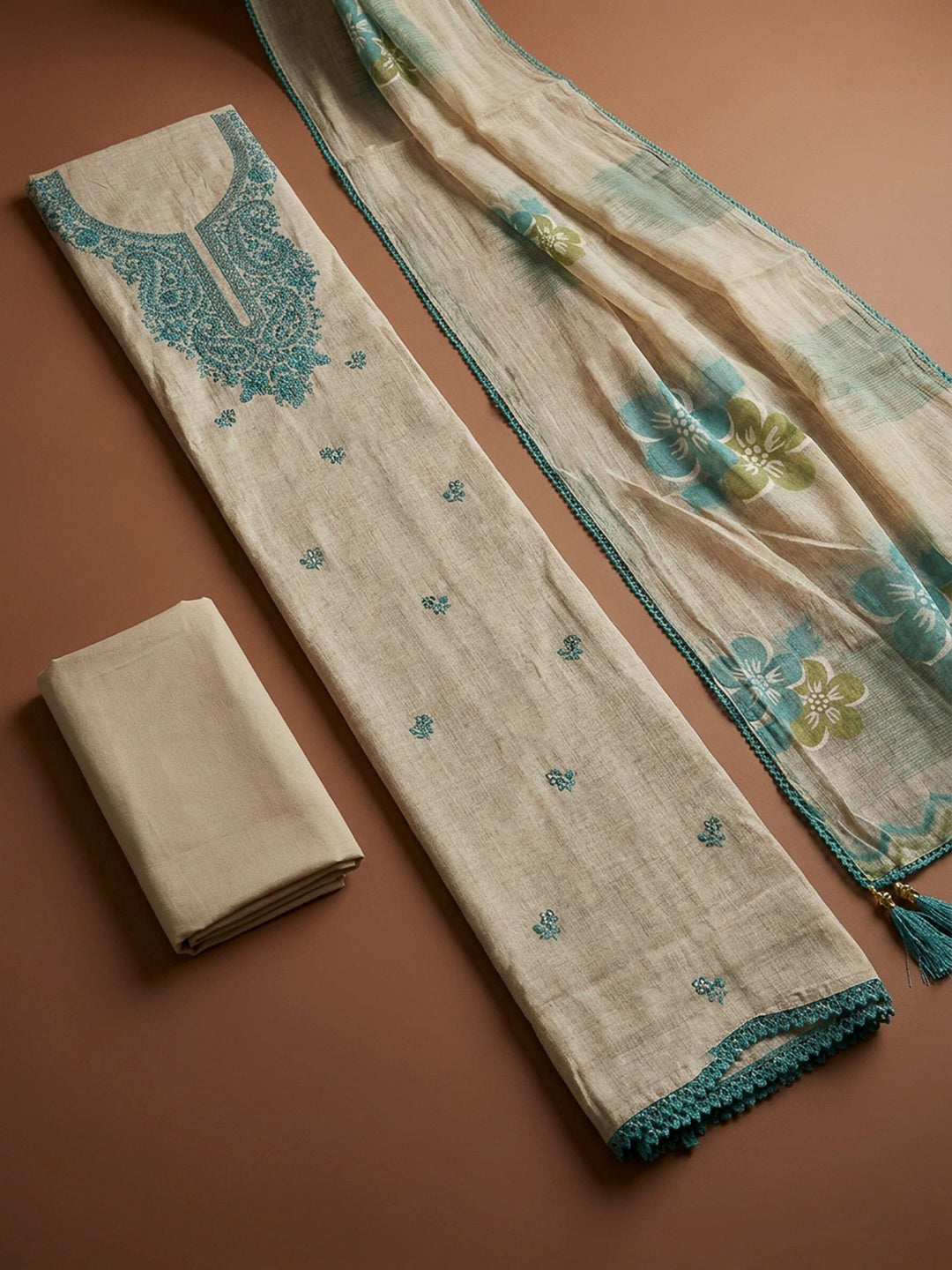 Sea Green Embroidery Chanderi Unstitched Dress Material