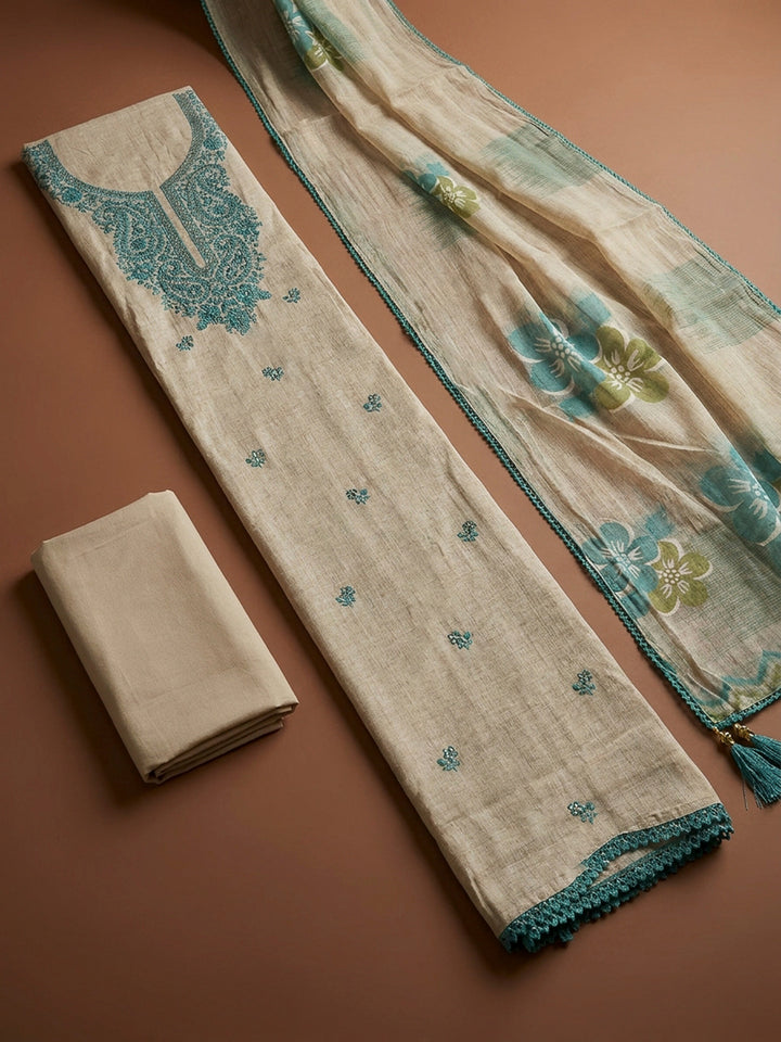 Sea Green Embroidery Chanderi Unstitched Dress Material
