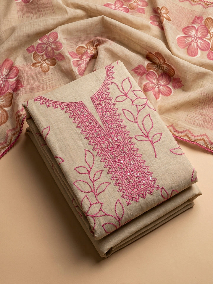 Pink Embroidery Chanderi Unstitched Dress Material