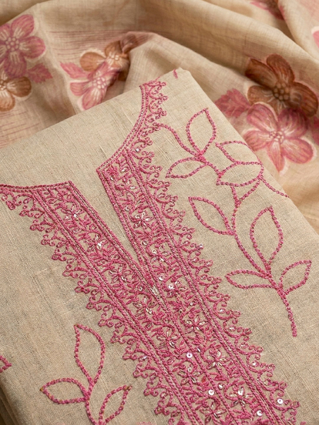 Pink Embroidery Chanderi Unstitched Dress Material