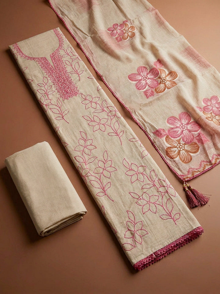 Pink Embroidery Chanderi Unstitched Dress Material
