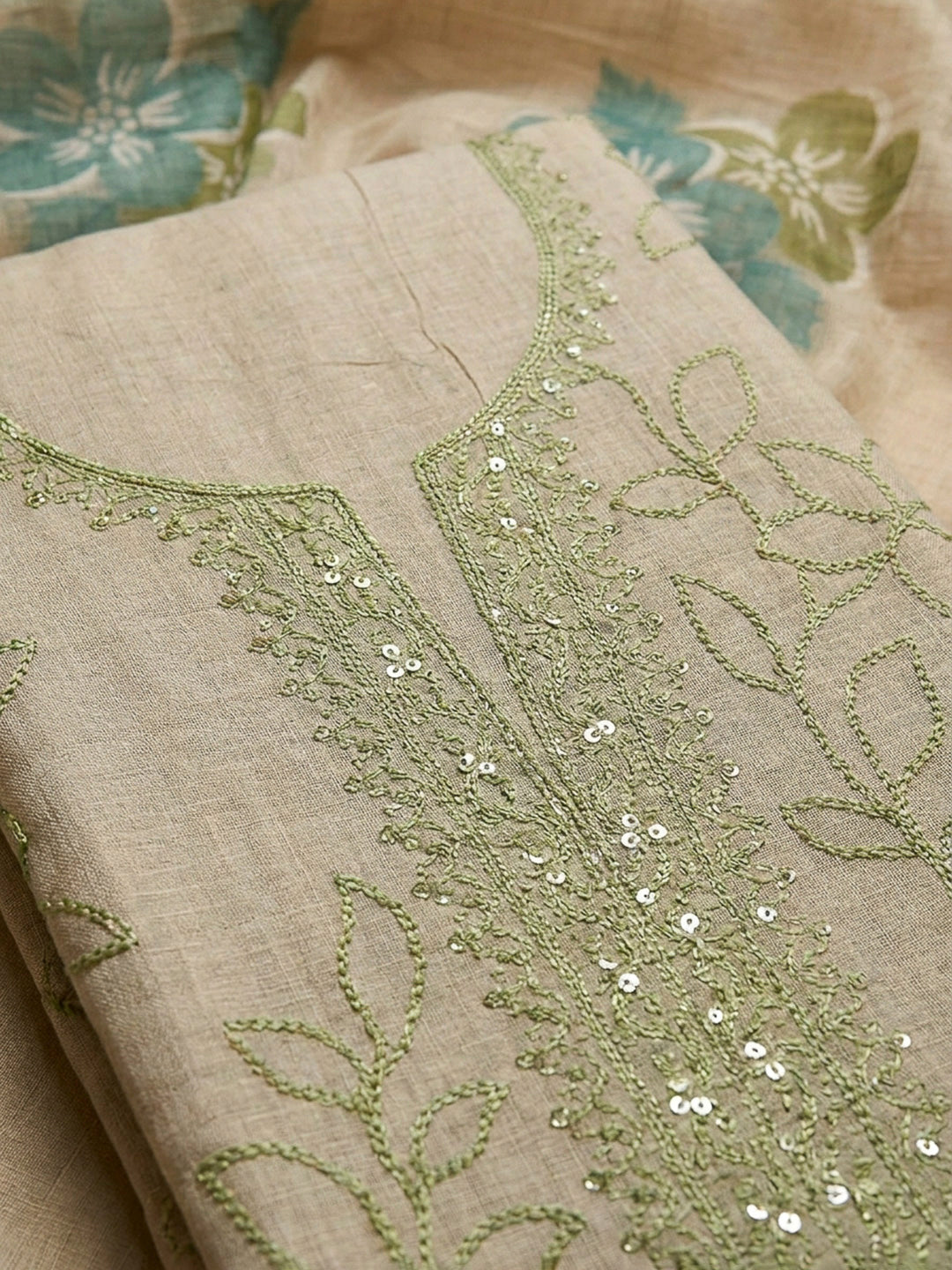 Pista Green Embroidery Chanderi Unstitched Dress Material