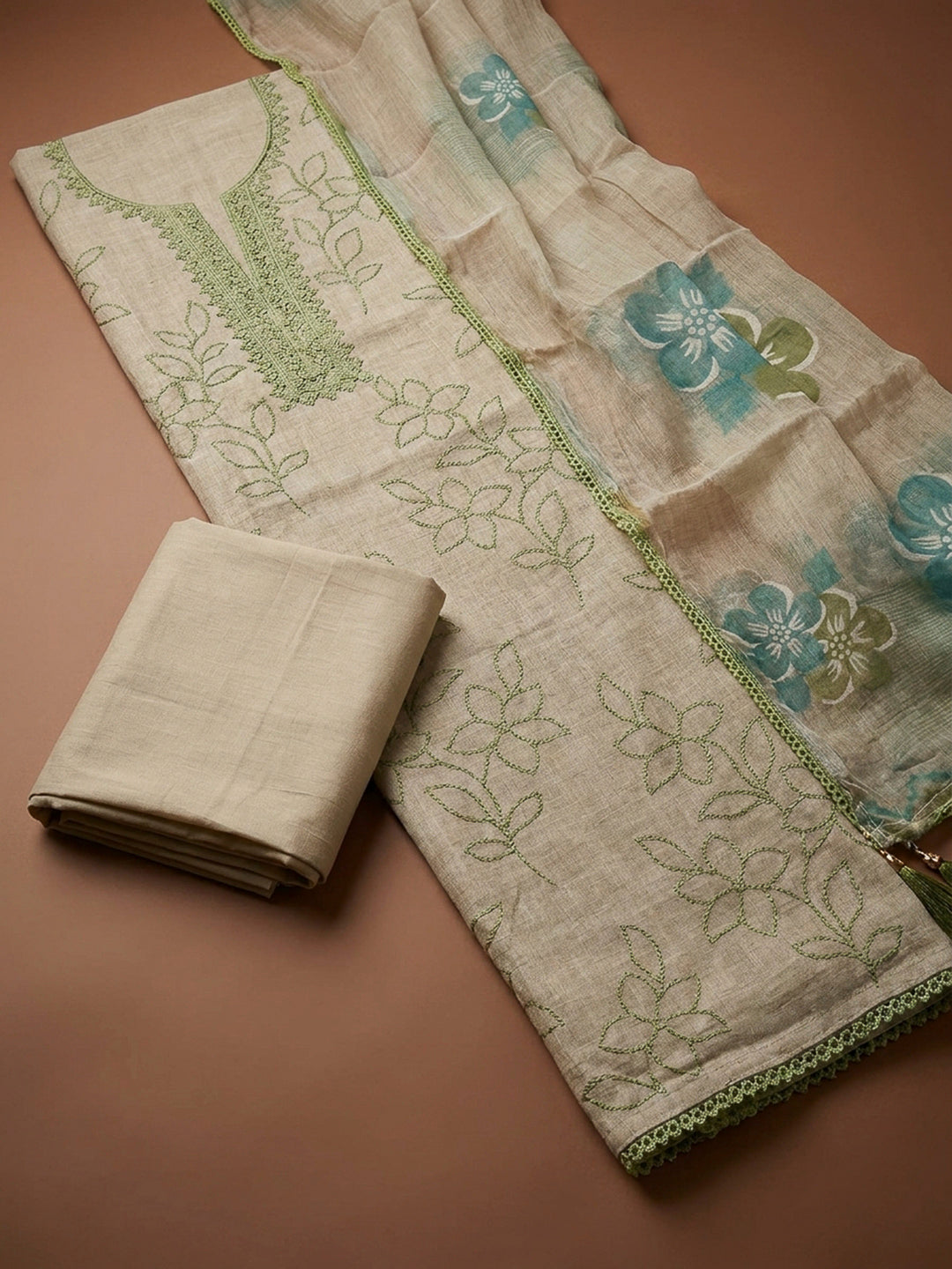 Pista Green Embroidery Chanderi Unstitched Dress Material