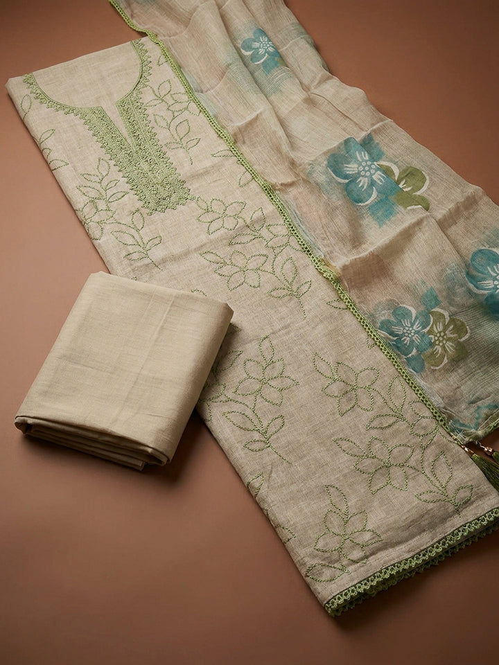 Pista Green Embroidery Chanderi Unstitched Dress Material