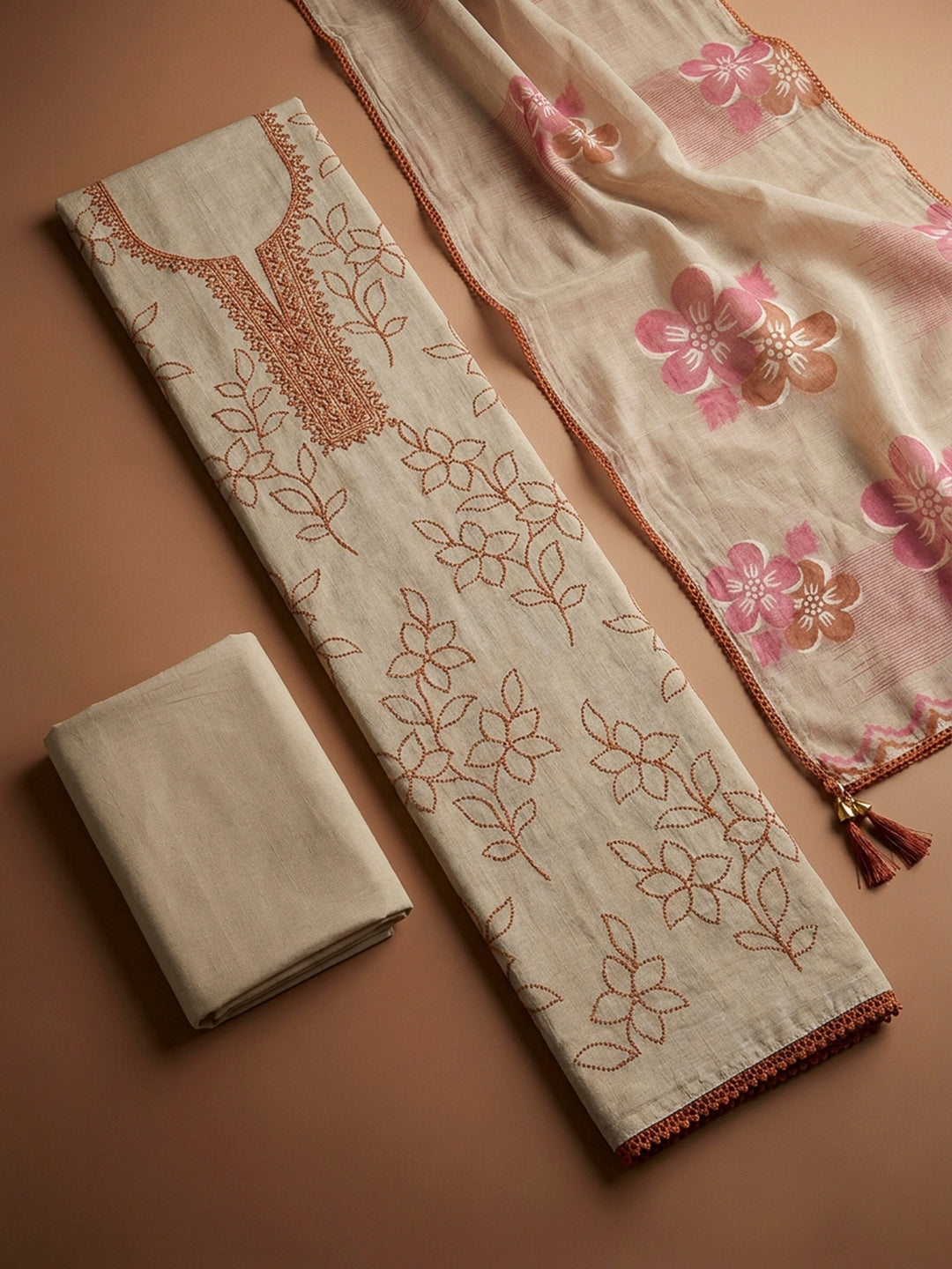 Rust Embroidery Chanderi Unstitched Dress Material