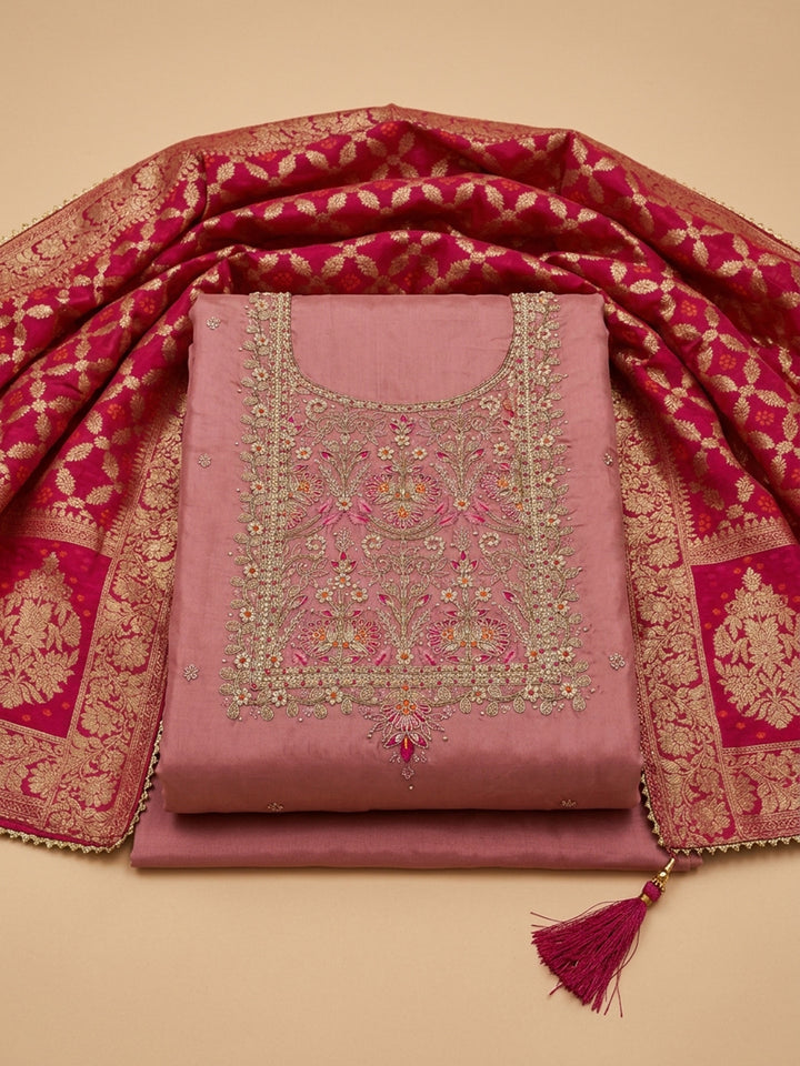 Dull Pink Embroidery Chanderi Unstitched Dress Material