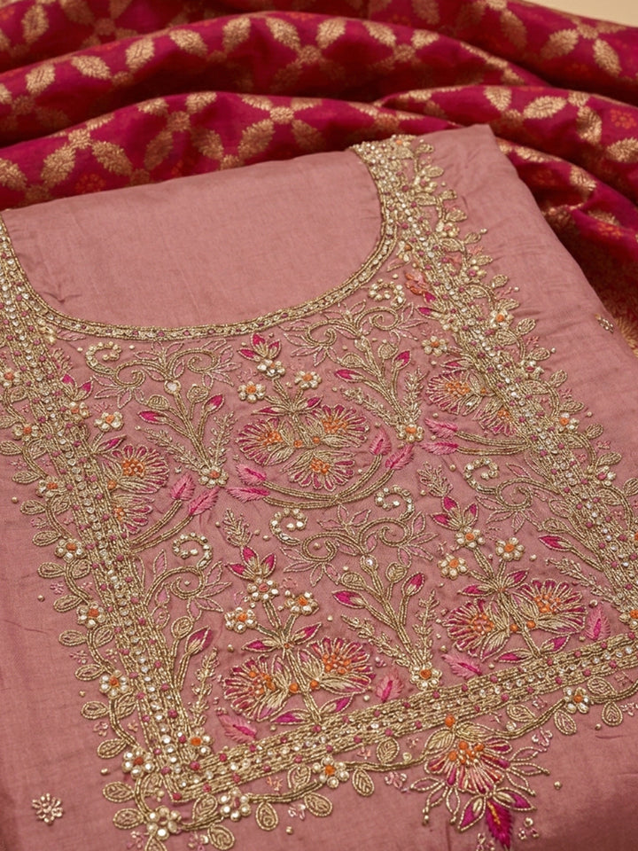 Dull Pink Embroidery Chanderi Unstitched Dress Material