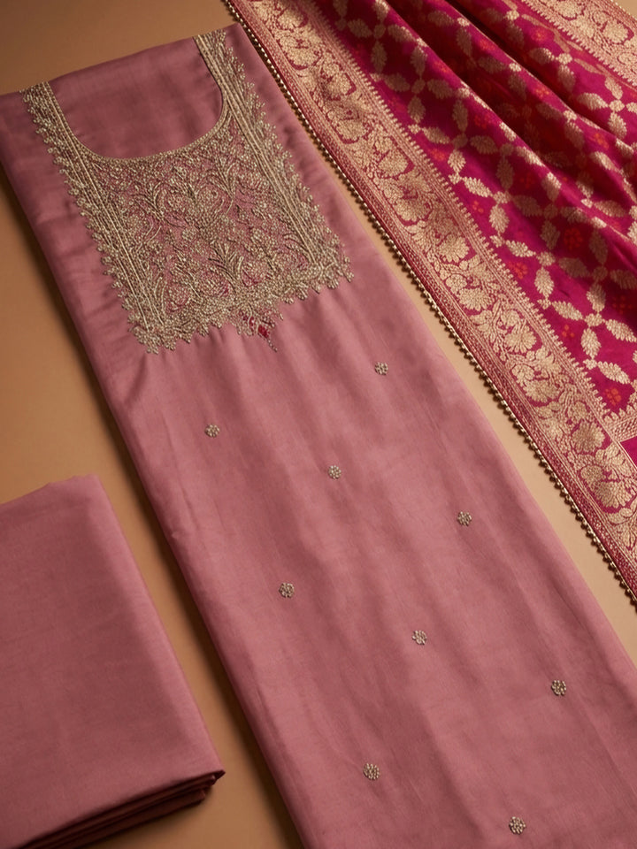 Dull Pink Embroidery Chanderi Unstitched Dress Material