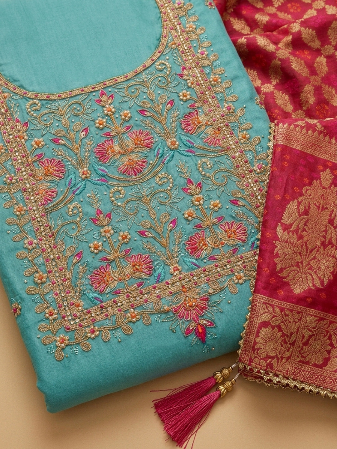 Firozee Embroidery Chanderi Unstitched Dress Material