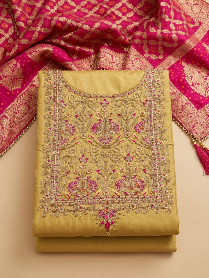 Mustard Embroidery Chanderi Unstitched Dress Material