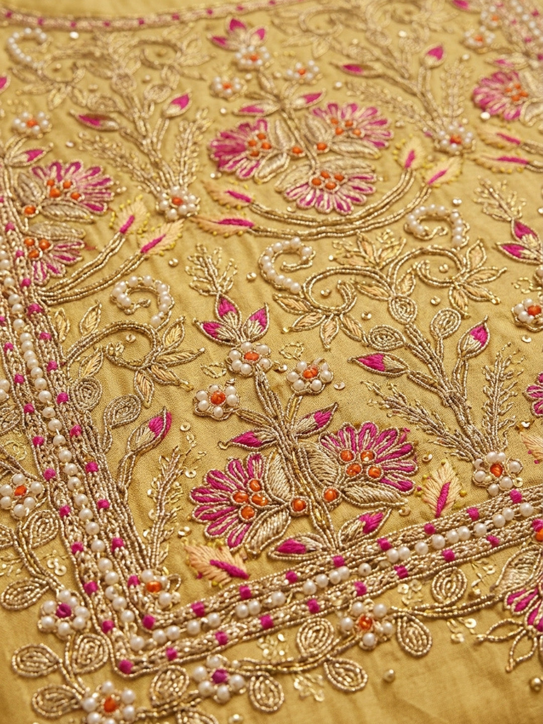 Mustard Embroidery Chanderi Unstitched Dress Material