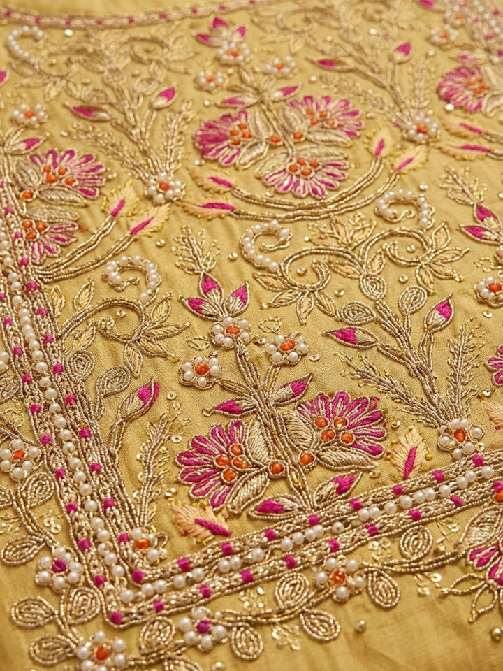 Mustard Embroidery Chanderi Unstitched Dress Material