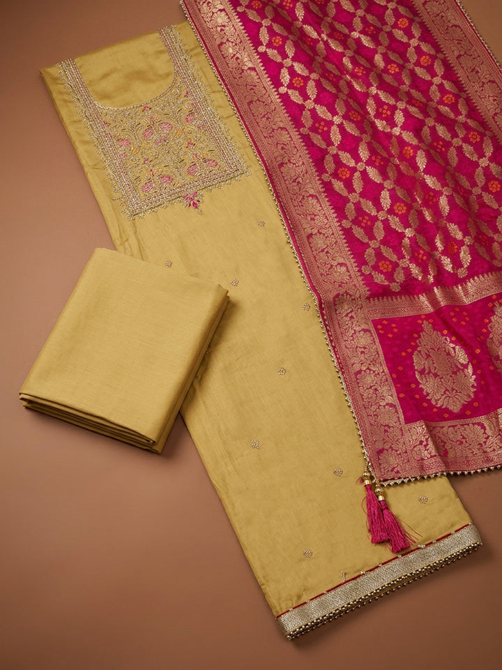 Mustard Embroidery Chanderi Unstitched Dress Material