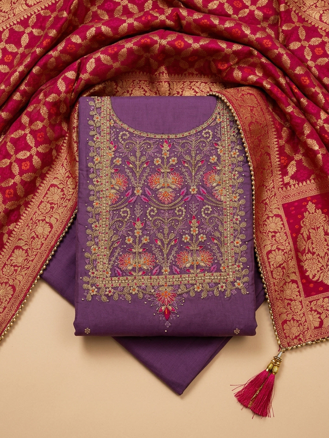 Purple Embroidery Chanderi Unstitched Dress Material