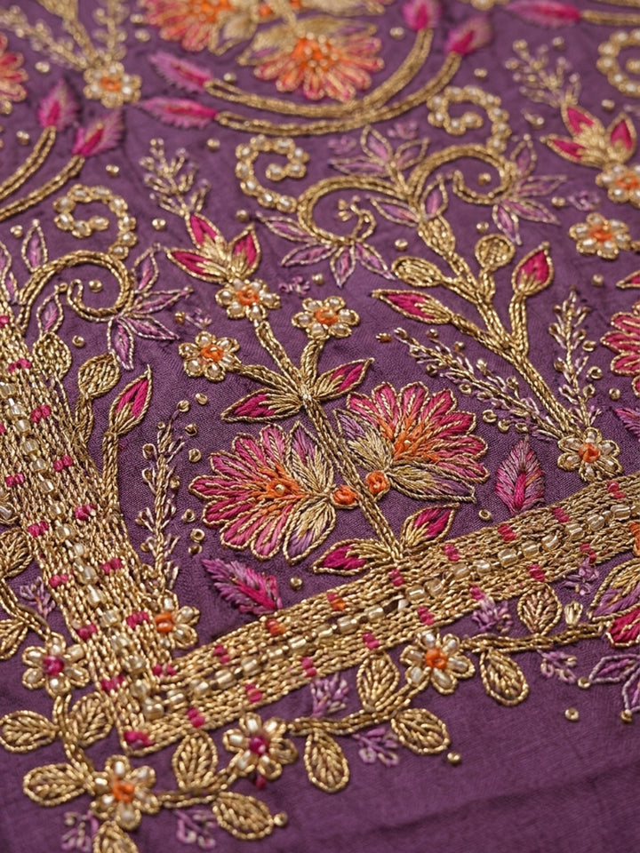 Purple Embroidery Chanderi Unstitched Dress Material