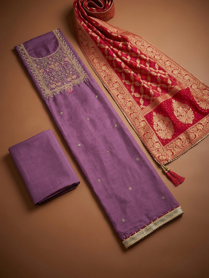 Purple Embroidery Chanderi Unstitched Dress Material