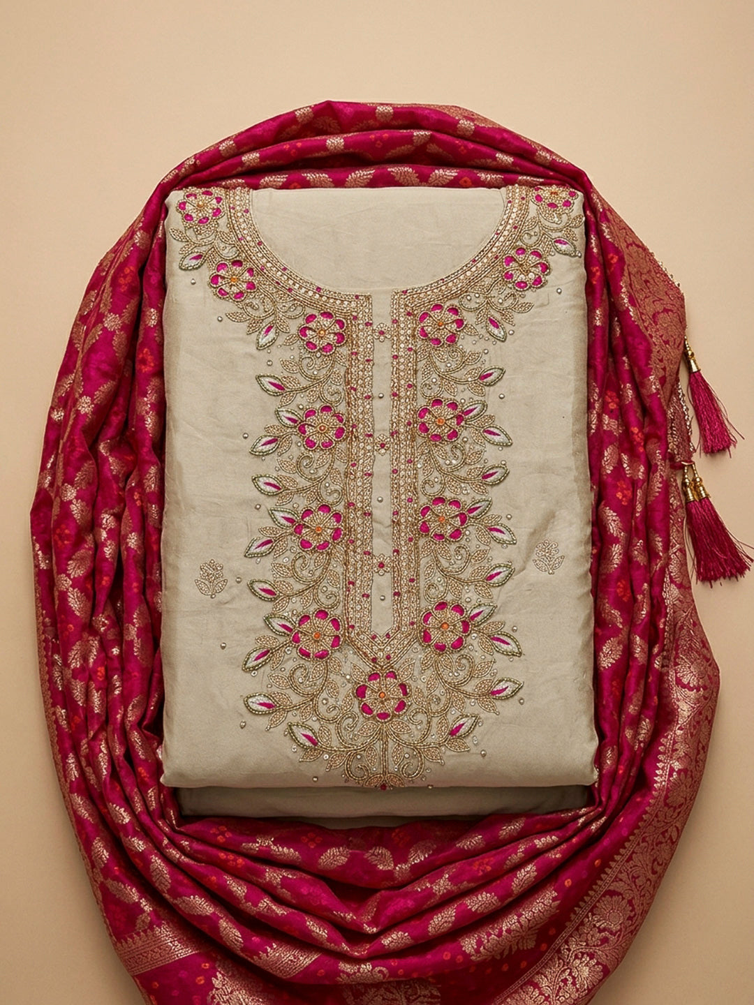 Beige Embroidery Chanderi Unstitched Dress Material