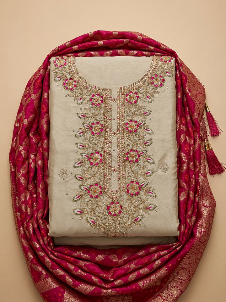 Beige Embroidery Chanderi Unstitched Dress Material