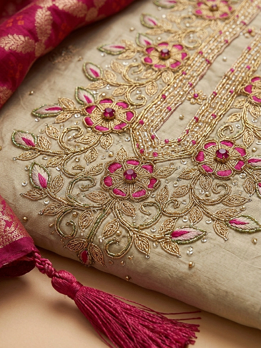 Beige Embroidery Chanderi Unstitched Dress Material