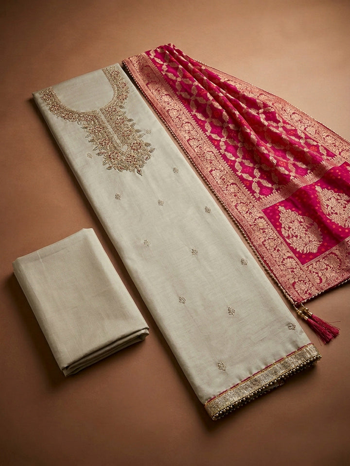 Beige Embroidery Chanderi Unstitched Dress Material