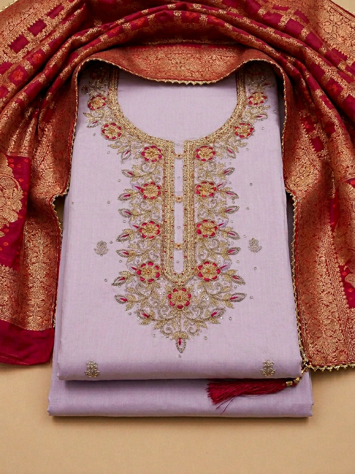 Lavender Embroidery Chanderi Unstitched Dress Material