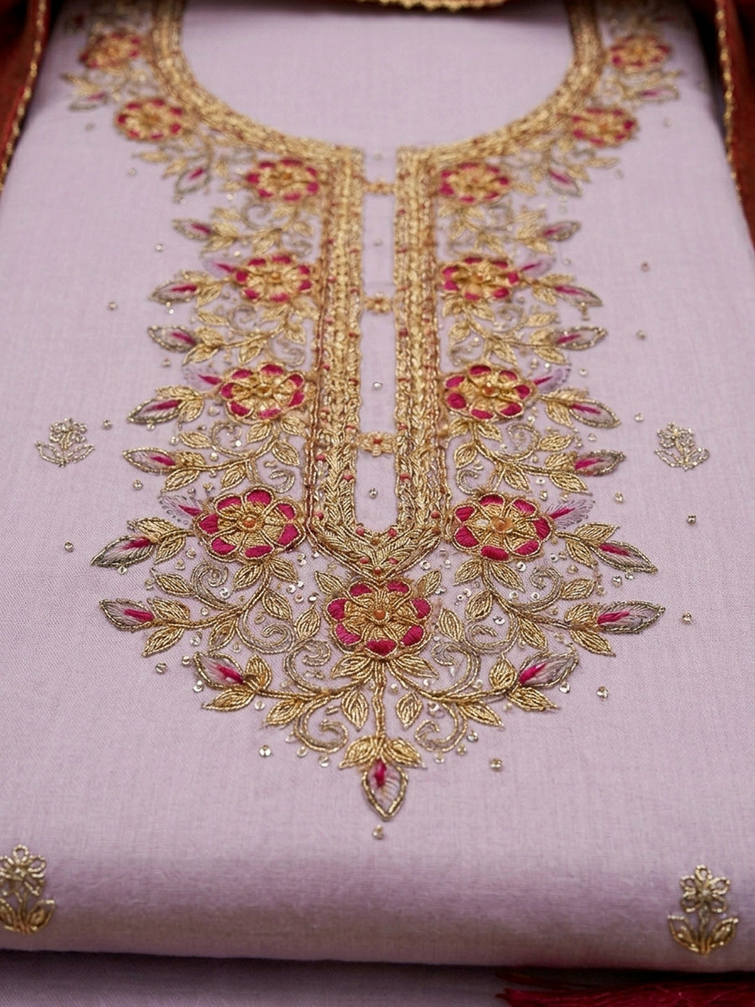 Lavender Embroidery Chanderi Unstitched Dress Material