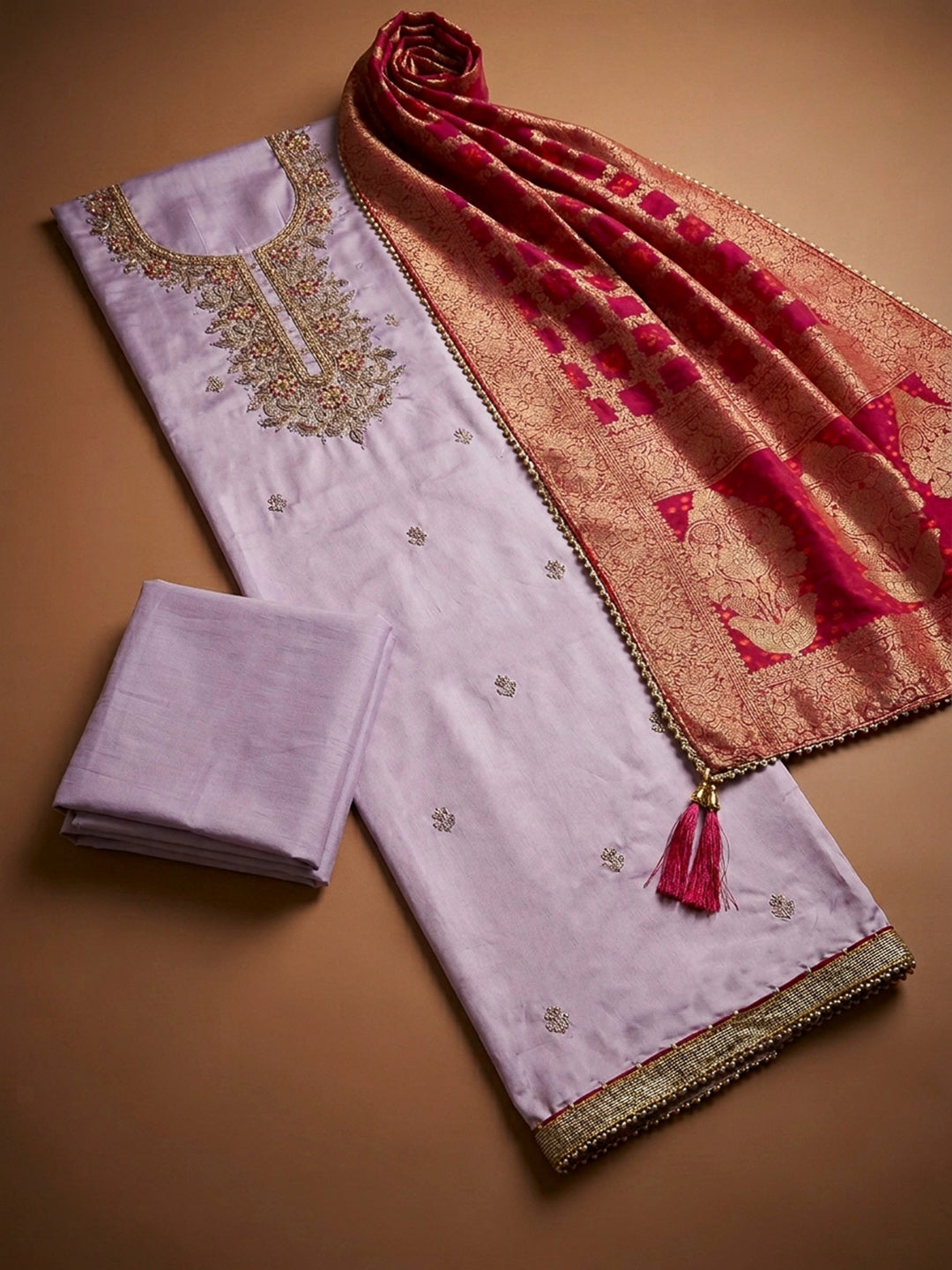 Lavender Embroidery Chanderi Unstitched Dress Material