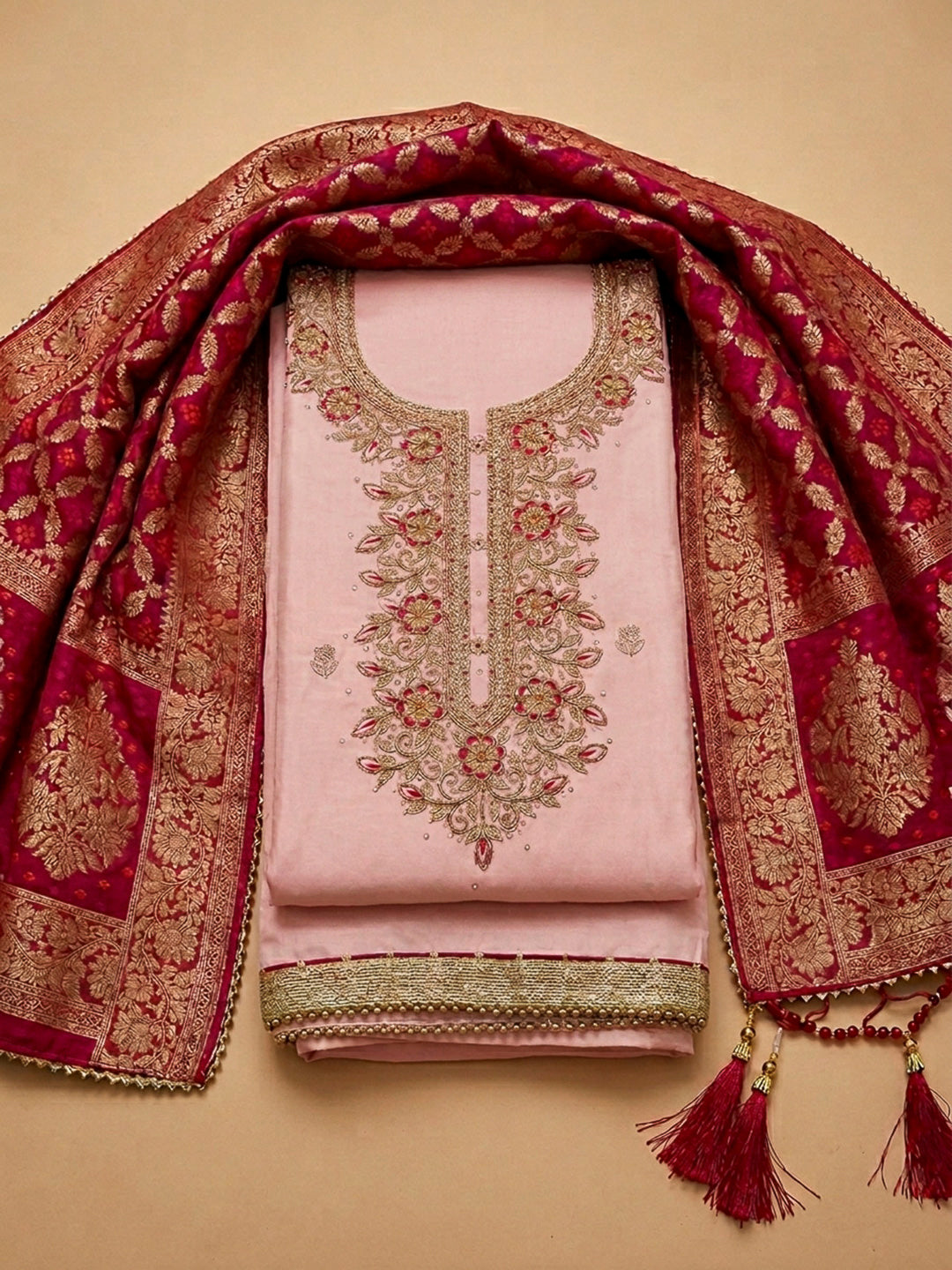Peach Embroidery Chanderi Unstitched Dress Material