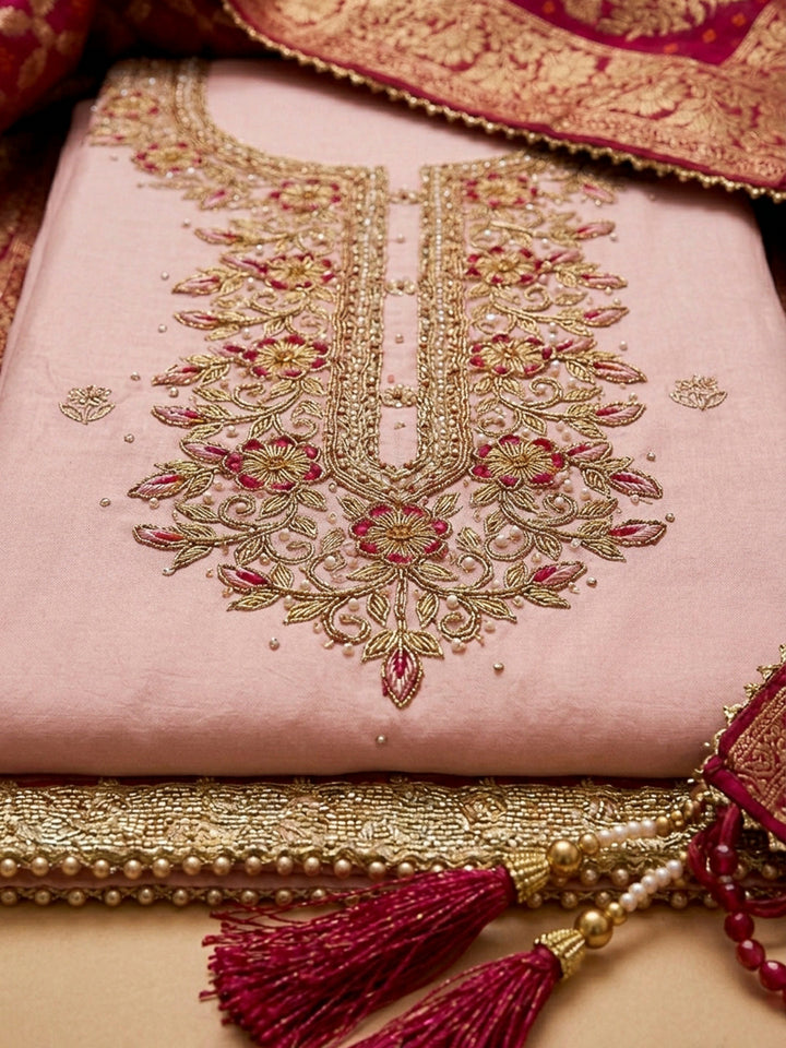 Peach Embroidery Chanderi Unstitched Dress Material