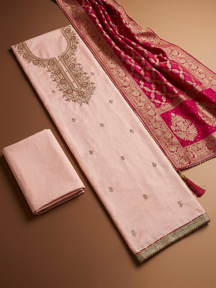 Peach Embroidery Chanderi Unstitched Dress Material
