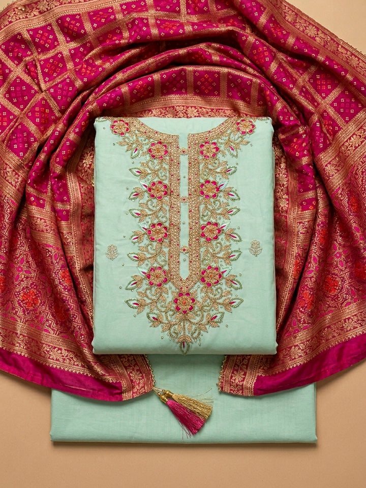 Sea Green Embroidery Chanderi Unstitched Dress Material