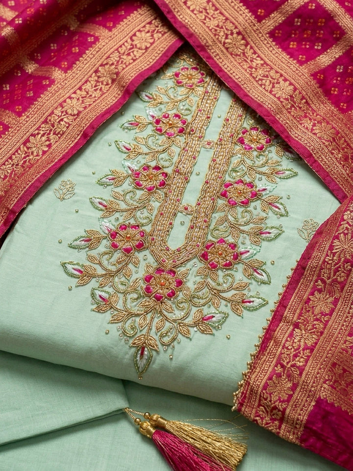 Sea Green Embroidery Chanderi Unstitched Dress Material