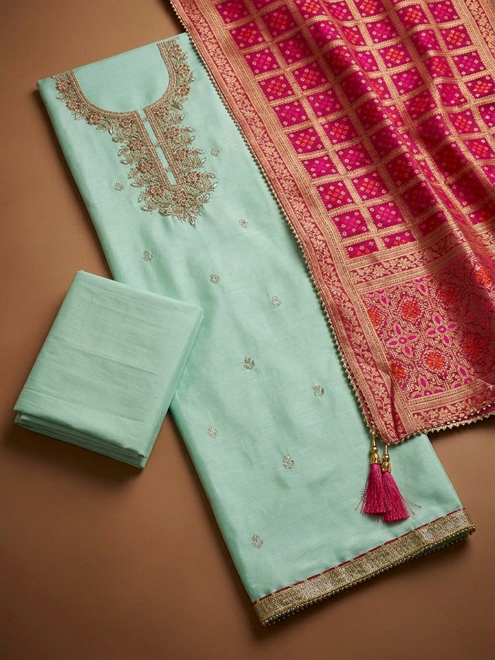 Sea Green Embroidery Chanderi Unstitched Dress Material