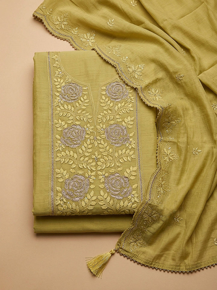 Mustard Embroidery Chanderi Unstitched Dress Material