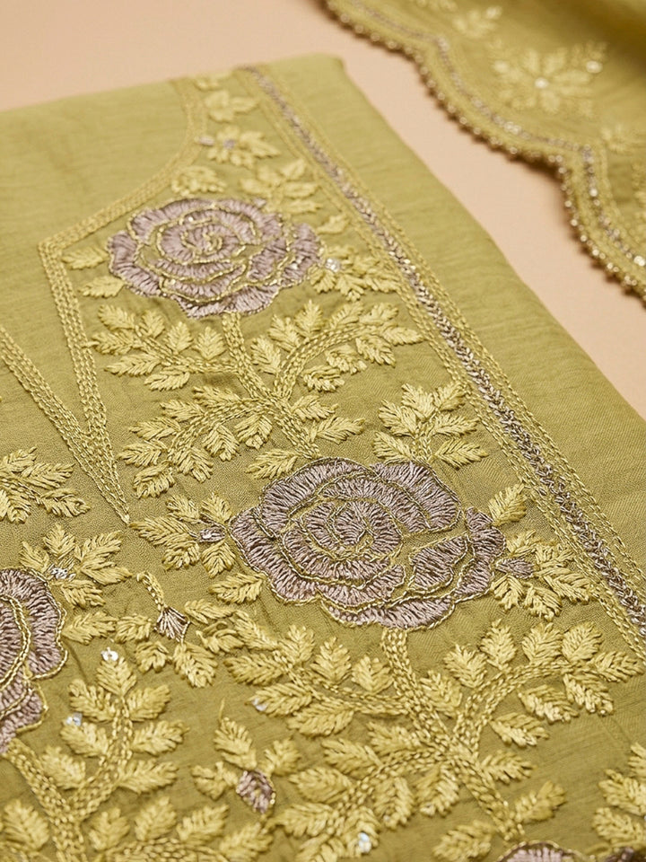 Mustard Embroidery Chanderi Unstitched Dress Material