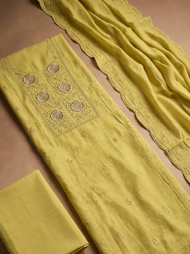 Mustard Embroidery Chanderi Unstitched Dress Material