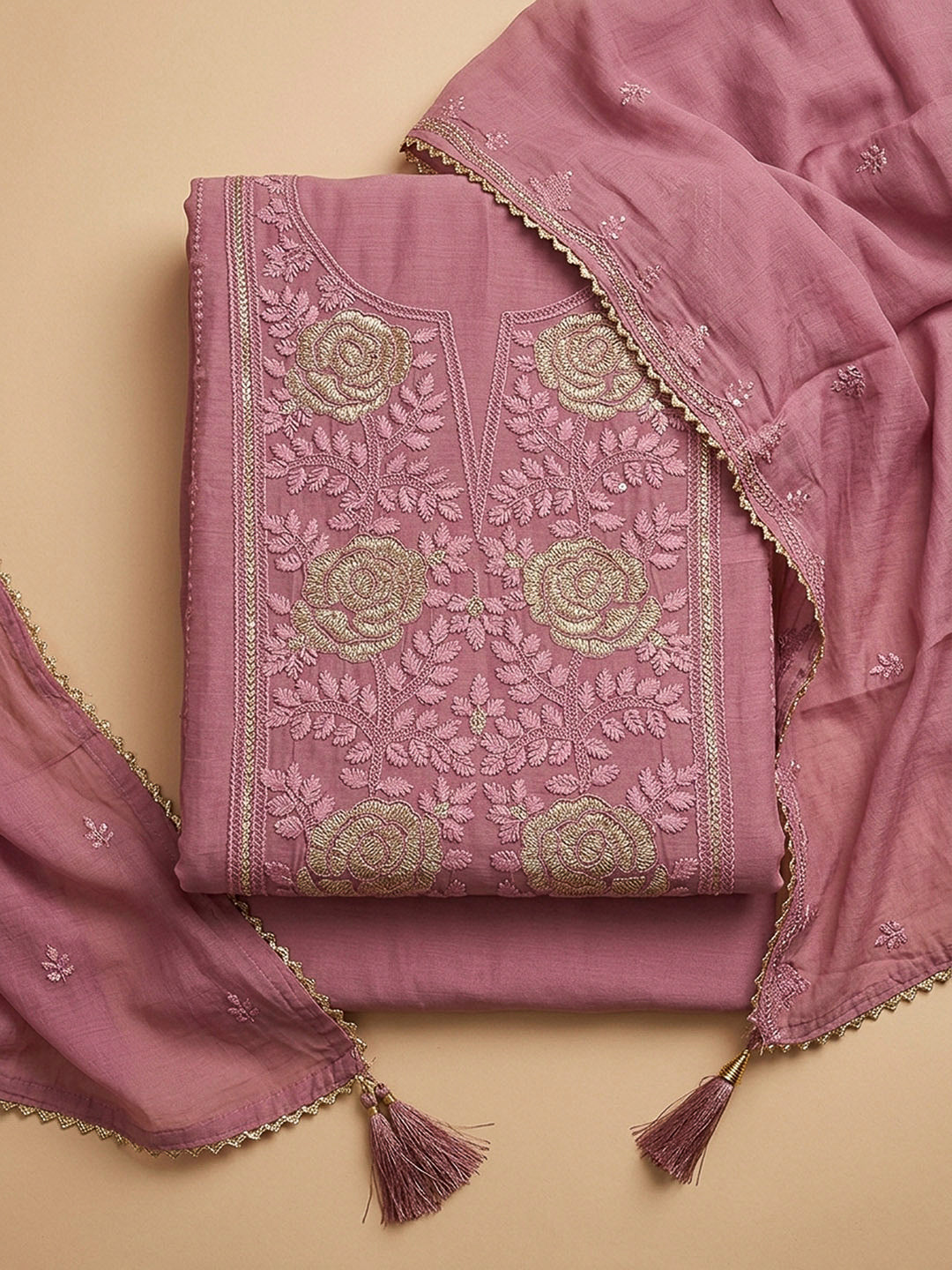 Peach Embroidery Chanderi Unstitched Dress Material