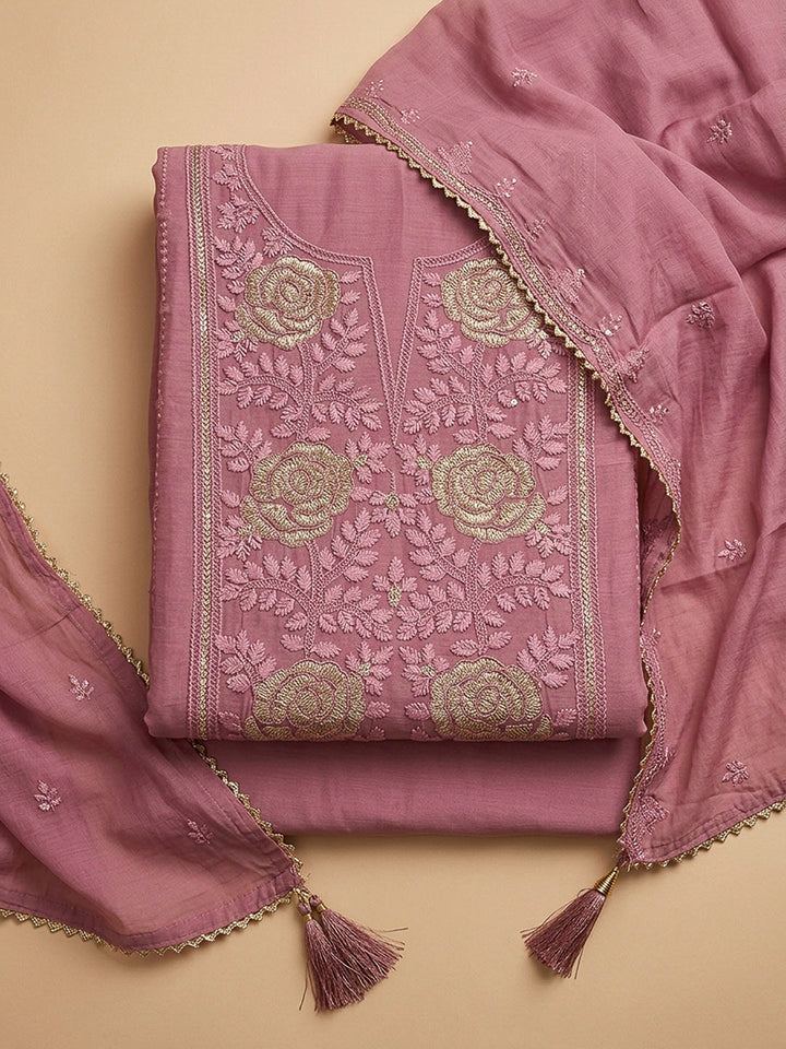 Peach Embroidery Chanderi Unstitched Dress Material