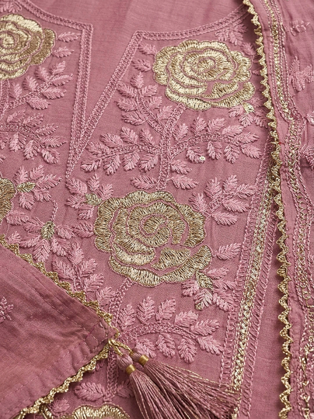 Peach Embroidery Chanderi Unstitched Dress Material