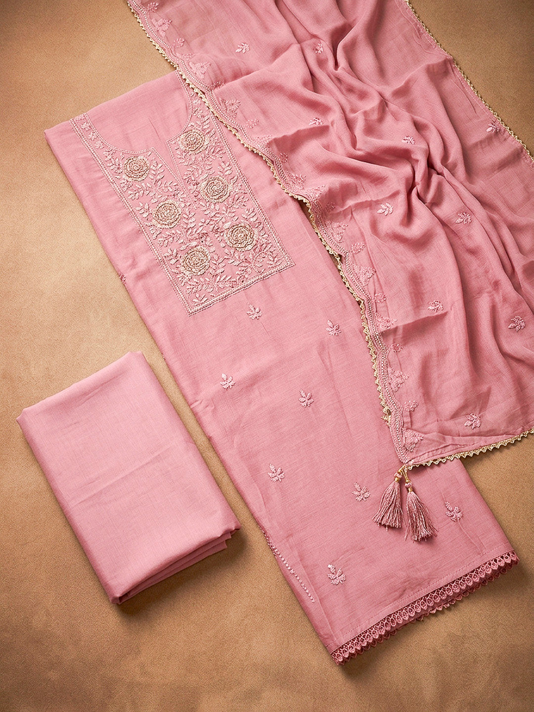 Peach Embroidery Chanderi Unstitched Dress Material