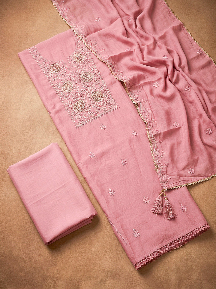Peach Embroidery Chanderi Unstitched Dress Material