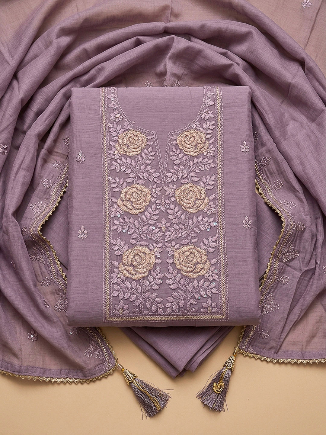 Purple Embroidery Chanderi Unstitched Dress Material