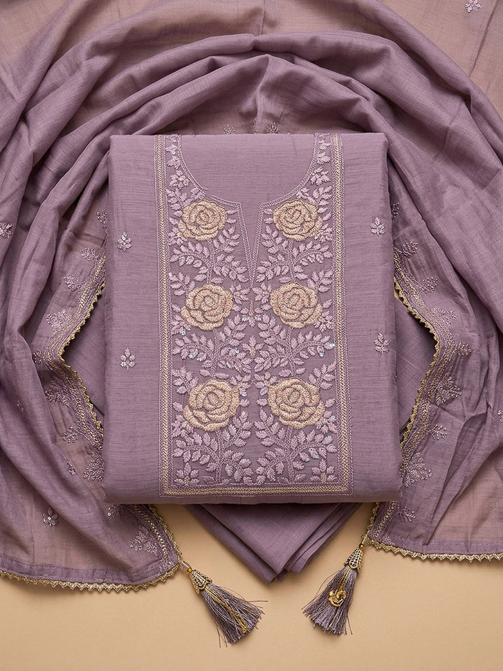 Purple Embroidery Chanderi Unstitched Dress Material