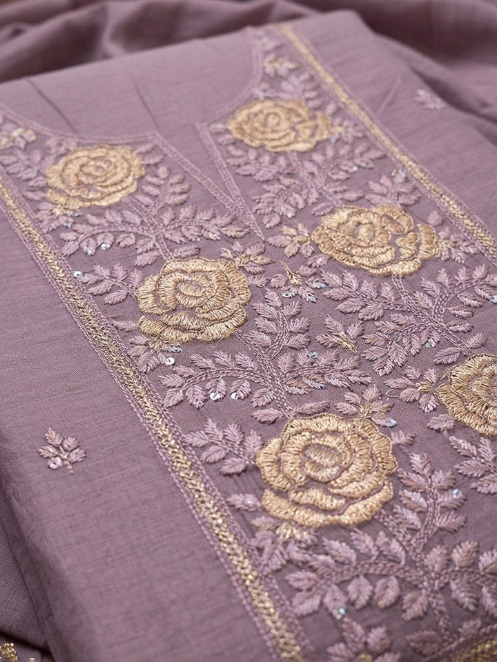 Purple Embroidery Chanderi Unstitched Dress Material