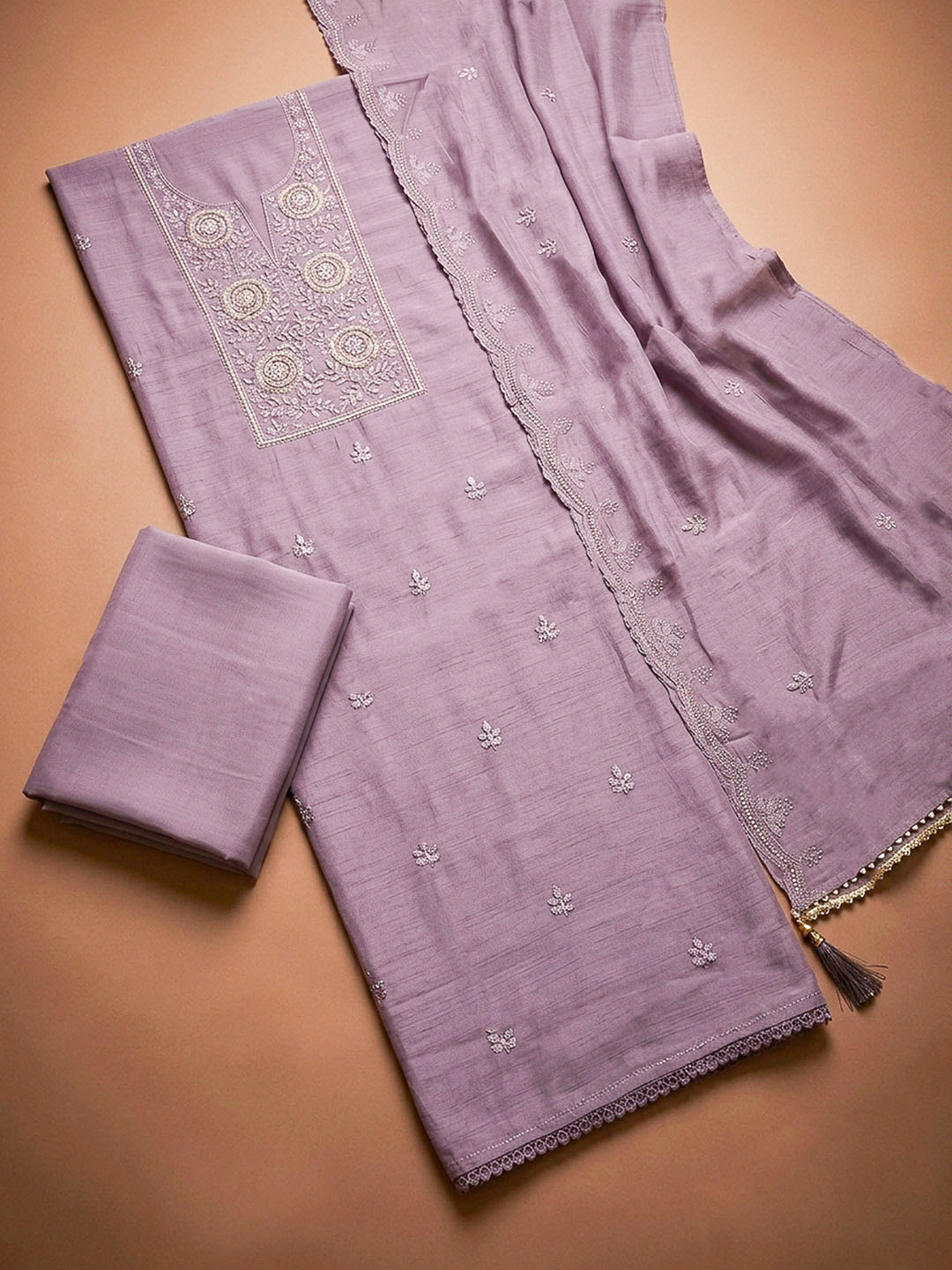 Purple Embroidery Chanderi Unstitched Dress Material