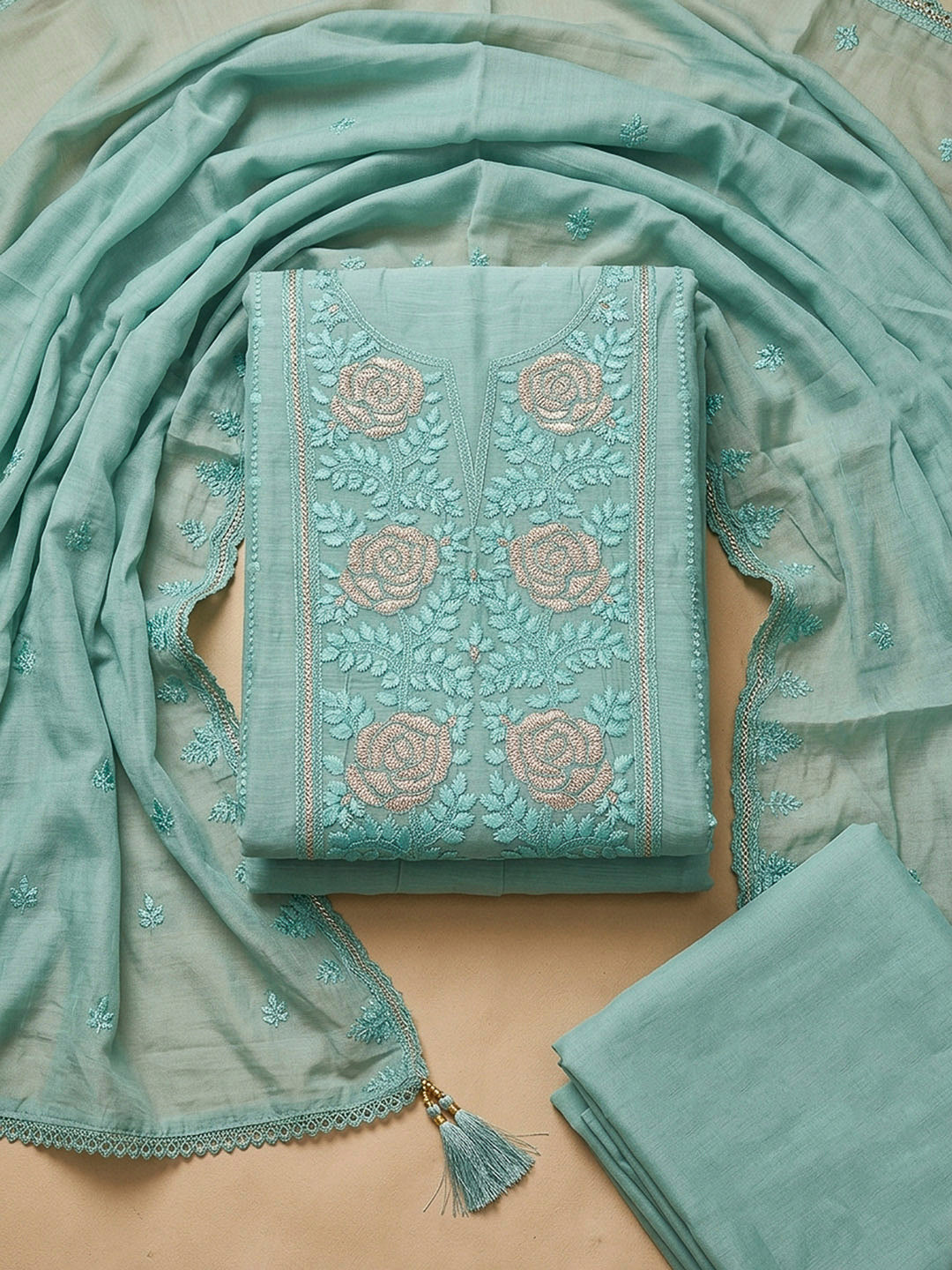 Sea Green Embroidery Chanderi Unstitched Dress Material