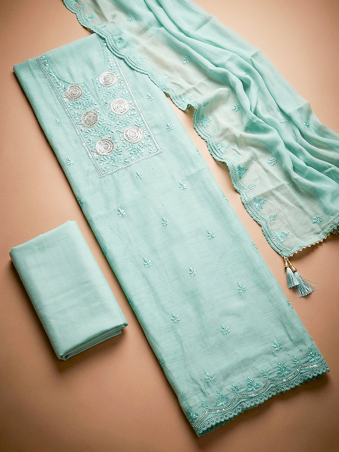 Sea Green Embroidery Chanderi Unstitched Dress Material