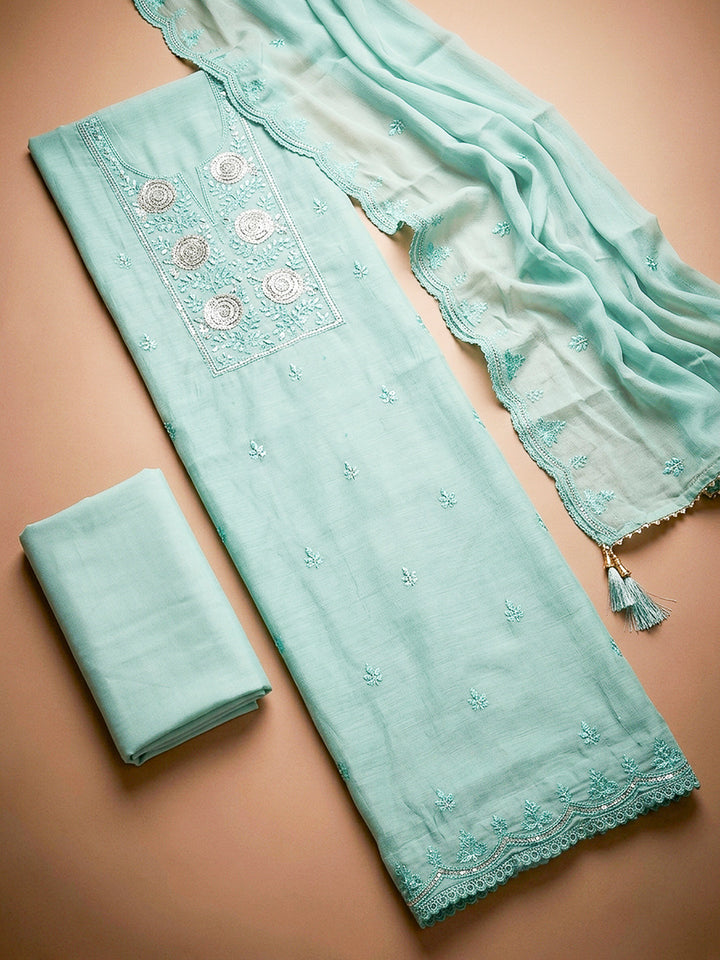 Sea Green Embroidery Chanderi Unstitched Dress Material